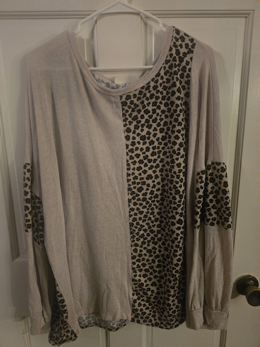 Light Taupe Leopard Panel Long Sleeve Top #380
